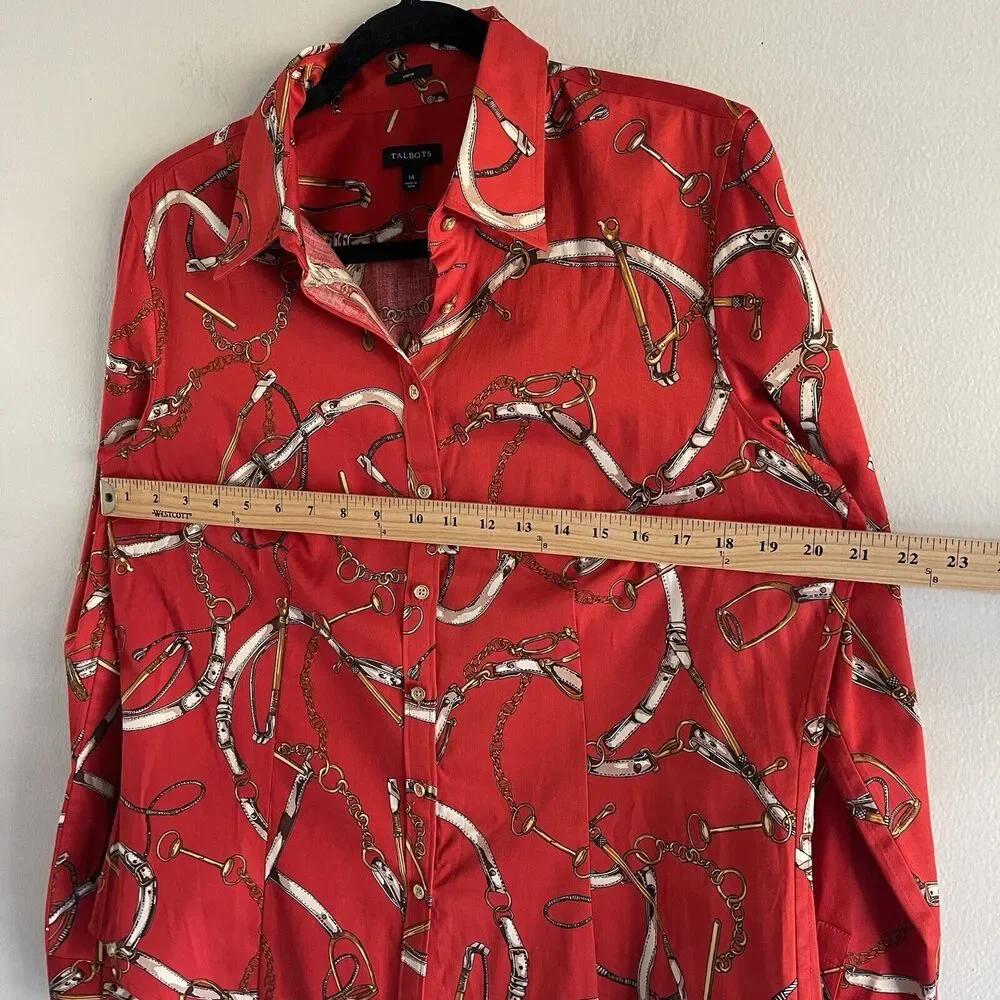 Talbots Top Plus Size 14 Womens Shirt Chains Versace Style Red Gold Print Button - Picture 6 of 10